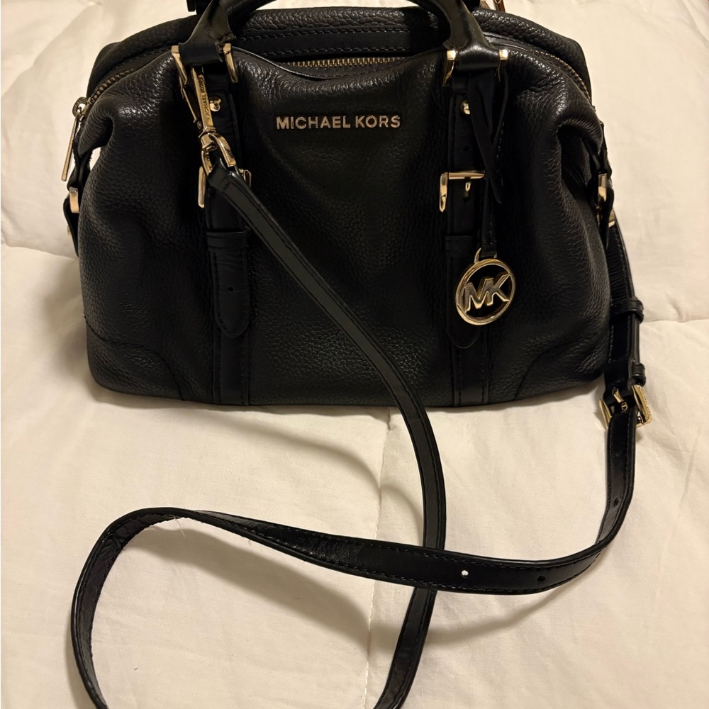 Michael Kors Black Leather Satchel with Gold Accents